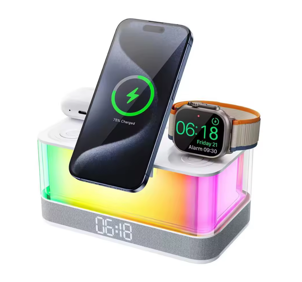Base de carga inalámbrica para teléfono 6 en 1 de 15 W con altavoz y reloj, luz nocturna deslumbrante